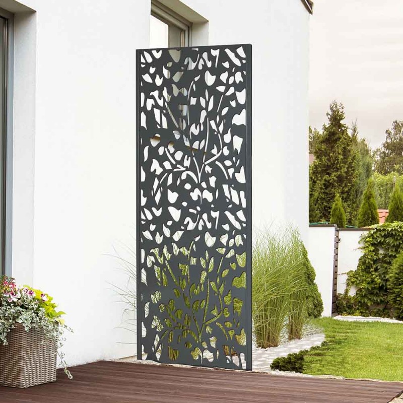 Panneau décoratif extérieur métal - brise vue motif feuilles - acier noir