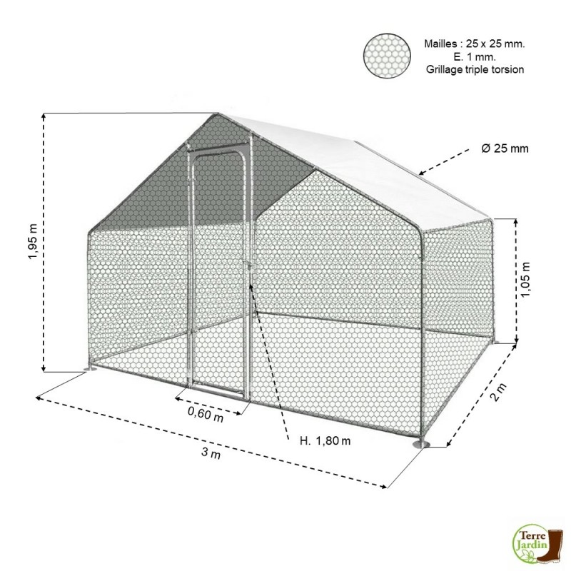 Grillage galvanisé à Poules – Volières – Lapins – M. 25mm – H.2M